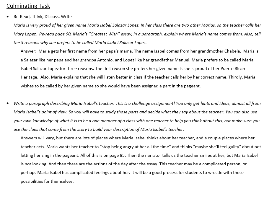 Reading Guide: My Name is Maria Isabel